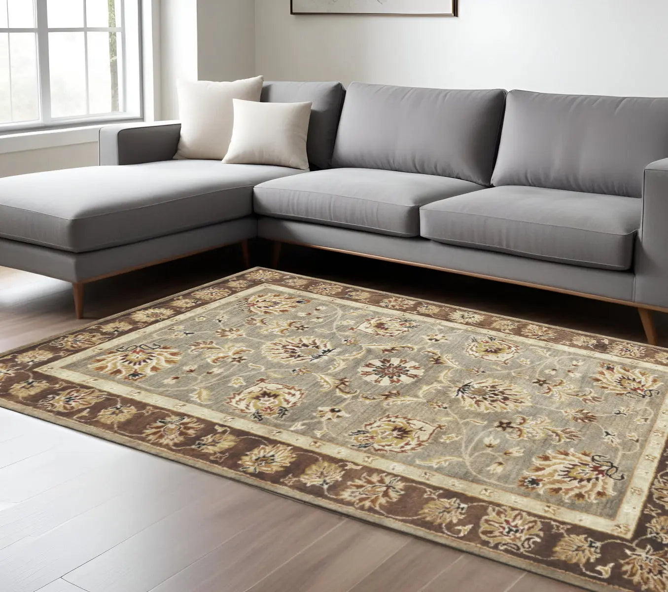 9' X 13' Gray Brown And Ivory New Zealand Lambs Wool Floral Medallion Hand Tufted Area Rug Homeroots Home Decor