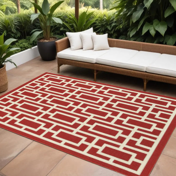 9' X 13' Red and Ivory Geometric Stain Resistant Indoor Outdoor Area Rug Homeroots Outdoor