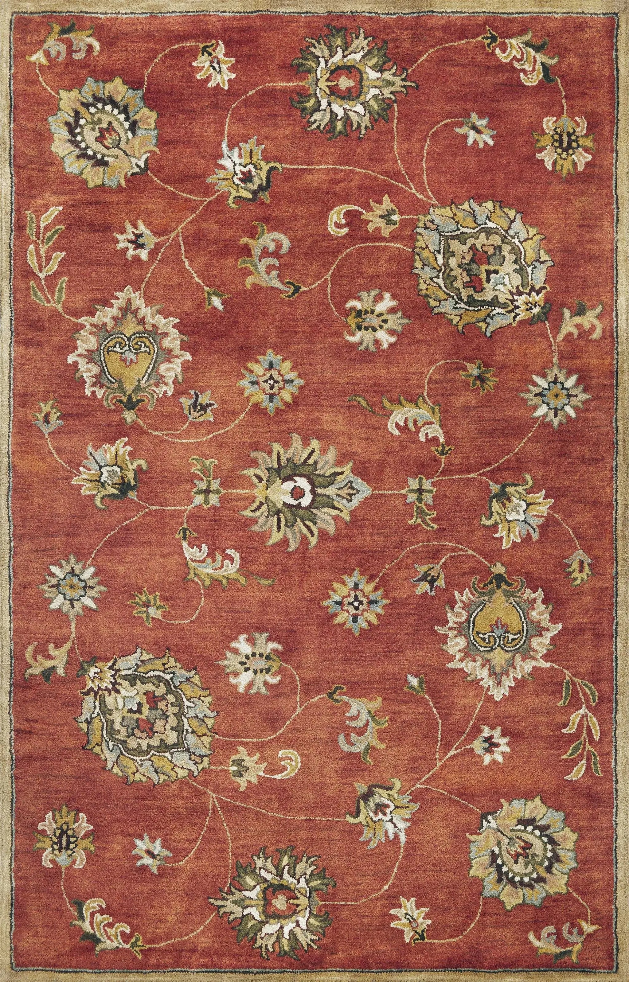 9' X 13' Sienna Gold And Green Wool Floral Vines Hand Tufted Area Rug Homeroots Home Decor