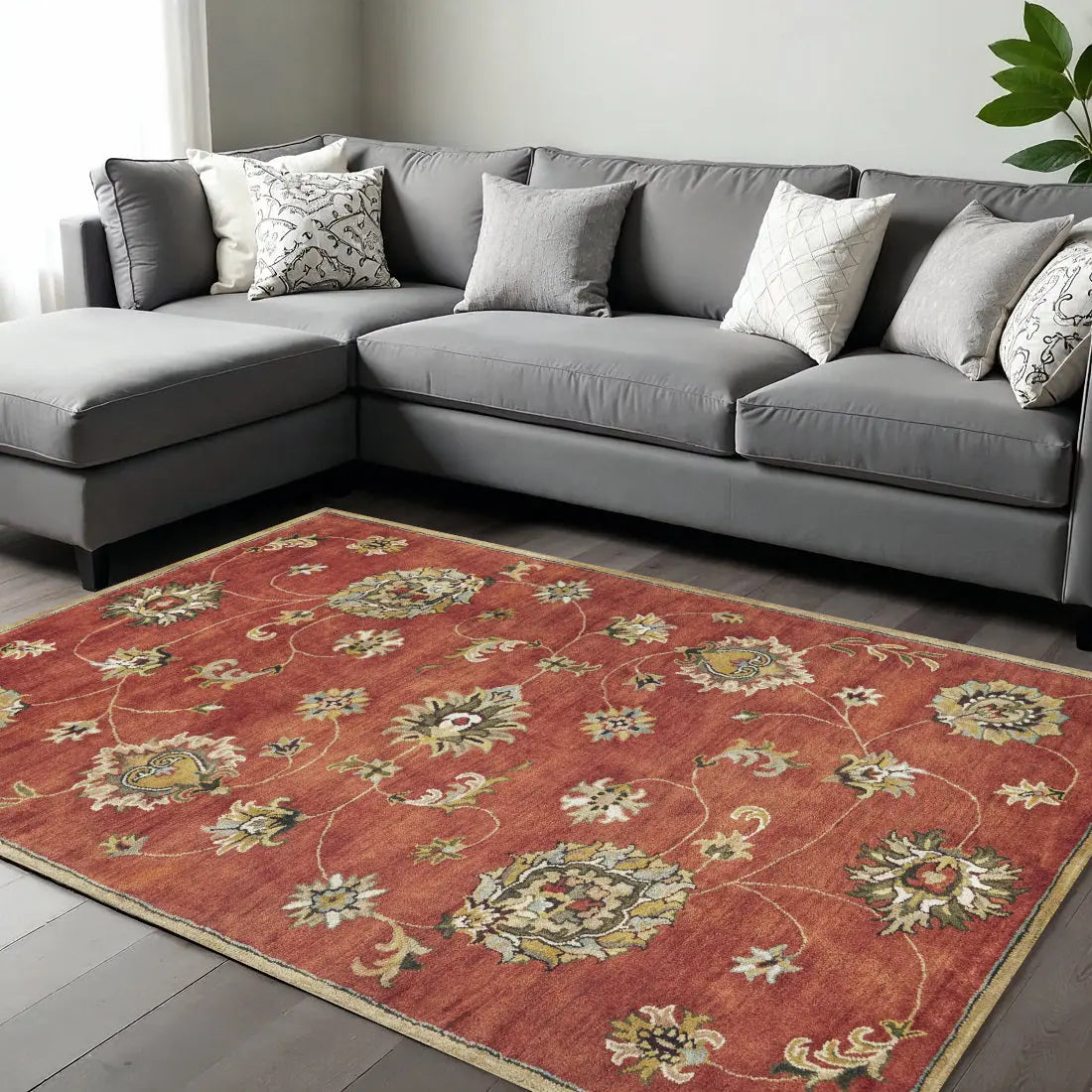 9' X 13' Sienna Gold And Green Wool Floral Vines Hand Tufted Area Rug Homeroots Home Decor
