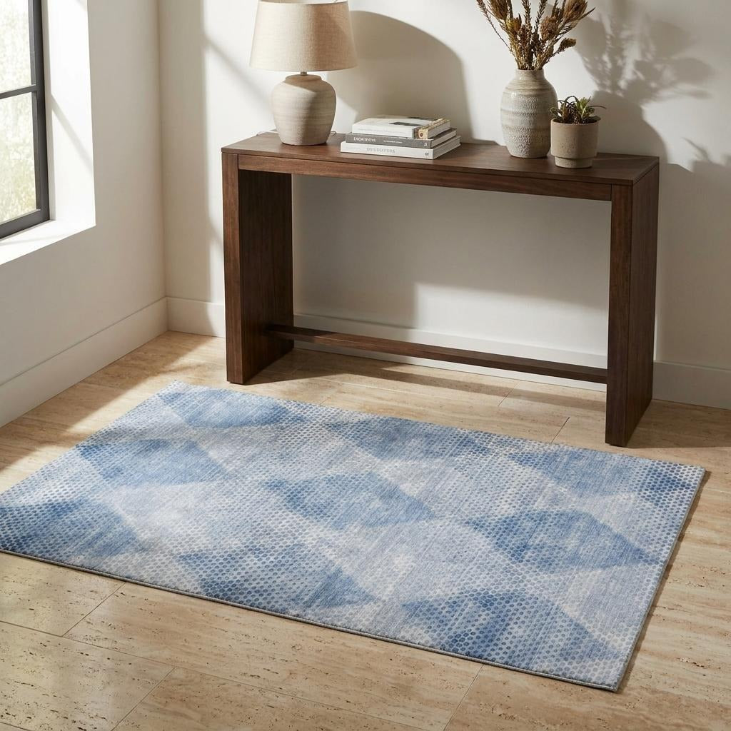 3' X 5' Blue And Denim Blue Geometric Shag Washable Area Rug With UV Protection - Home & Garden