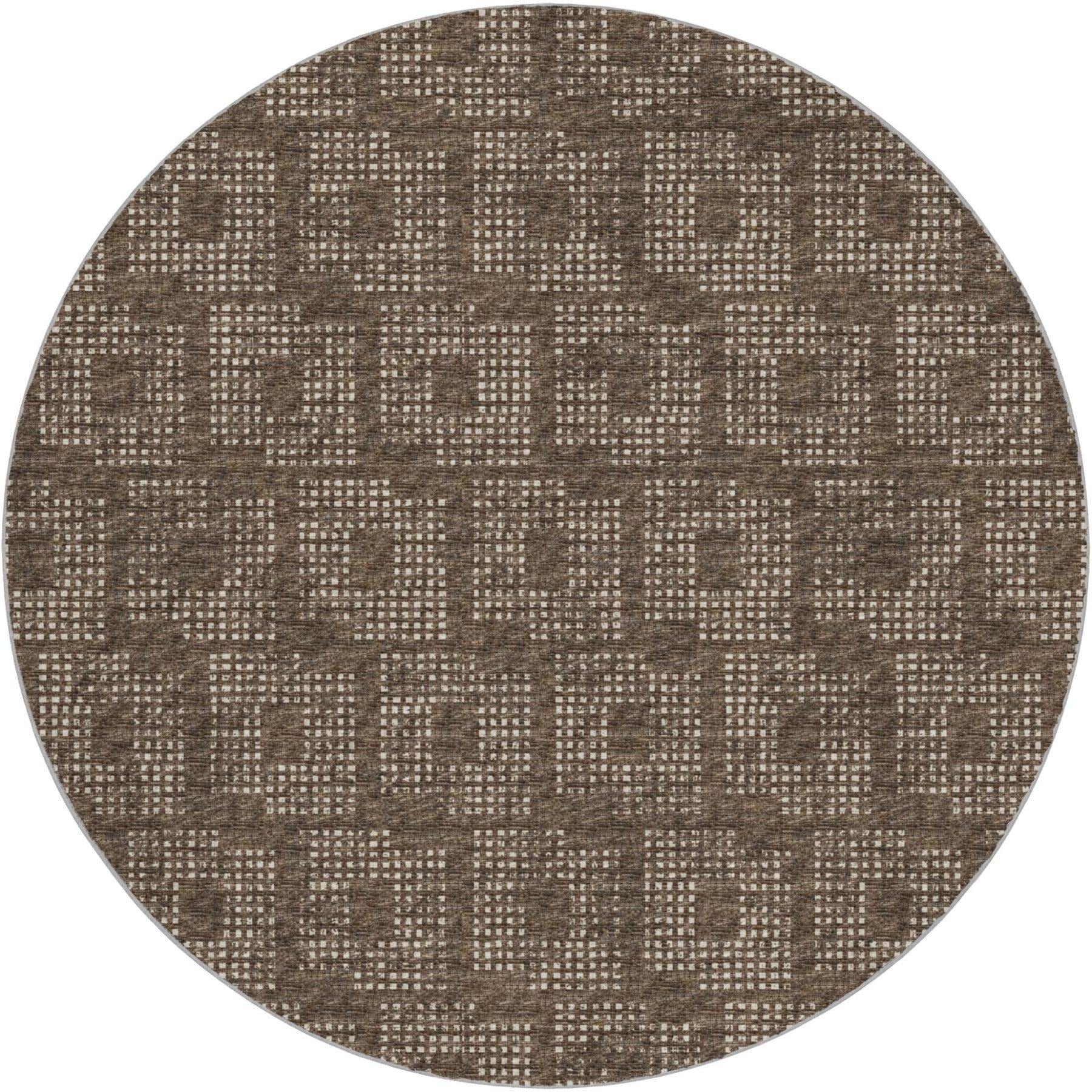 8' Brown And Beige Geometric Shag Washable Round Rug With UV Protection - Home & Garden
