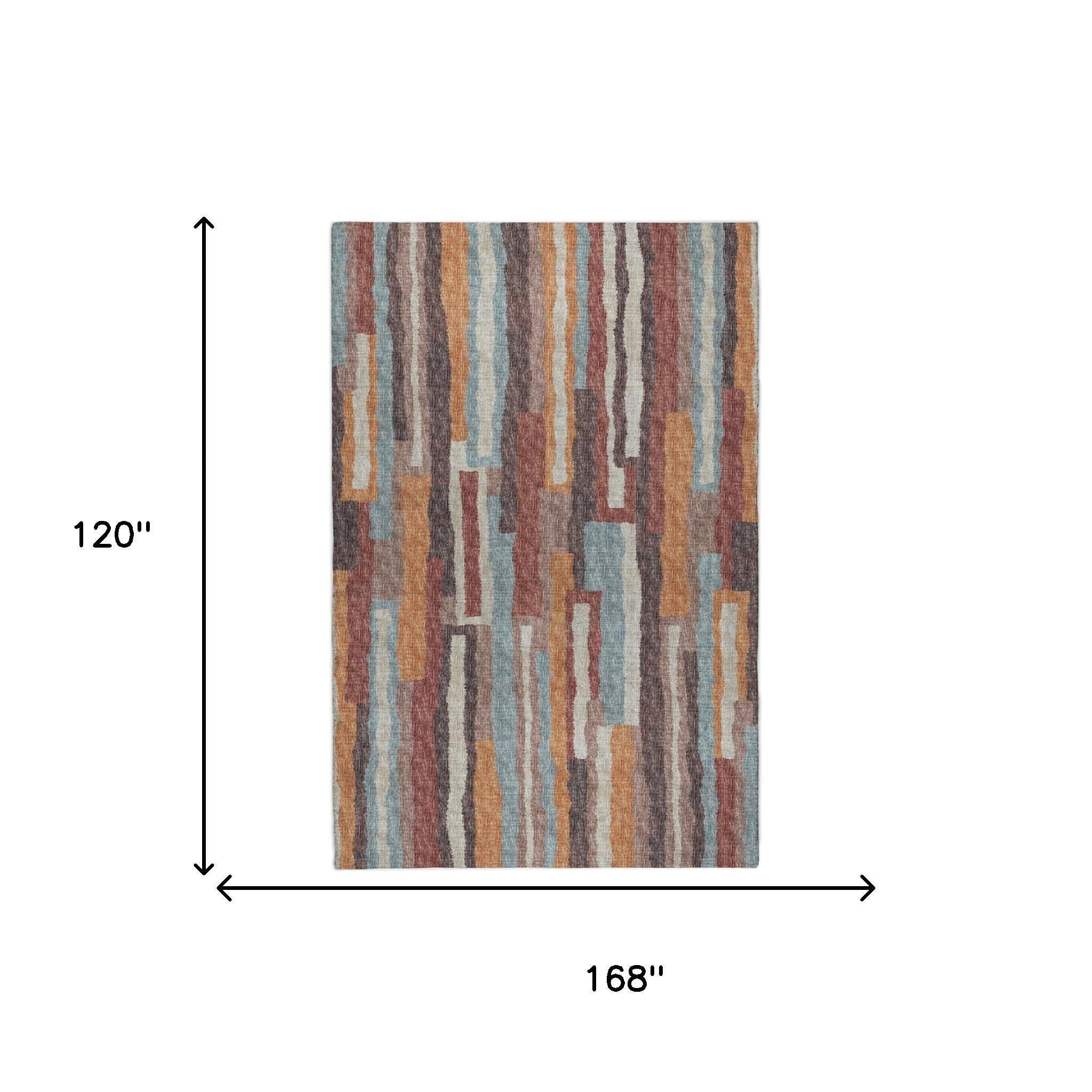 10' X 14' Orange And Burgundy Striped Shag Washable Area Rug With UV Protection - Home & Garden