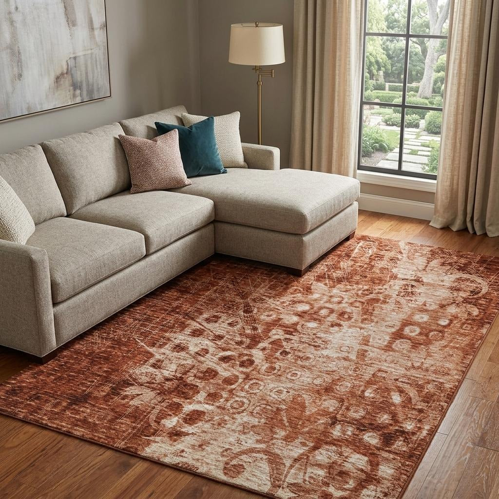 10' X 14' Orange And Taupe Ikat Shag Washable Area Rug With UV Protection - Home & Garden