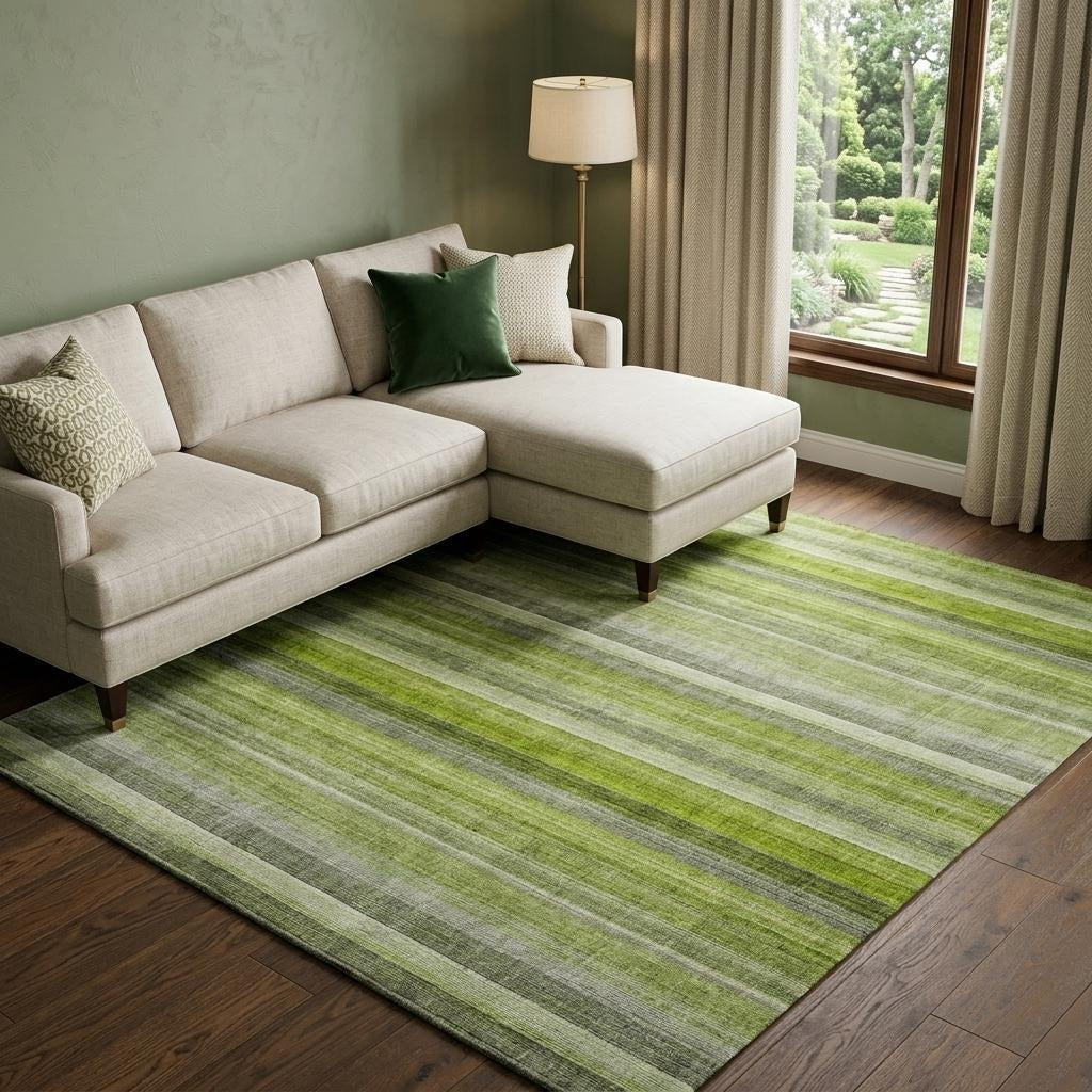10' X 14' Green And Gray Striped Shag Washable Area Rug With UV Protection - Home & Garden
