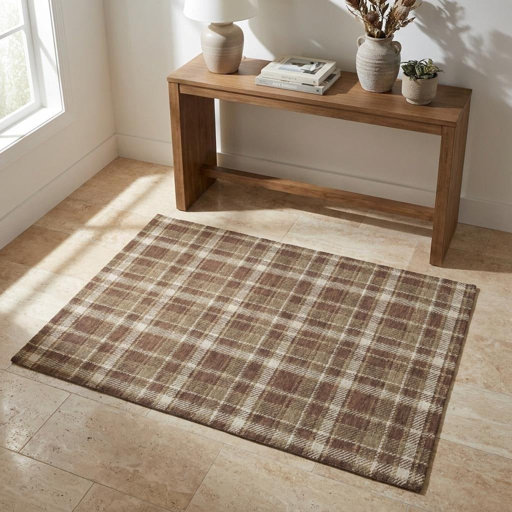 3' X 5' Chocolate And Taupe Plaid Shag Washable Area Rug With UV Protection - Home & Garden