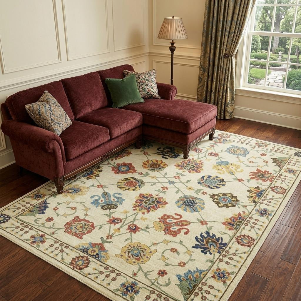10' X 13' Ivory Yellow And Orange Oriental Area Rug With Fringe - Home & Garden