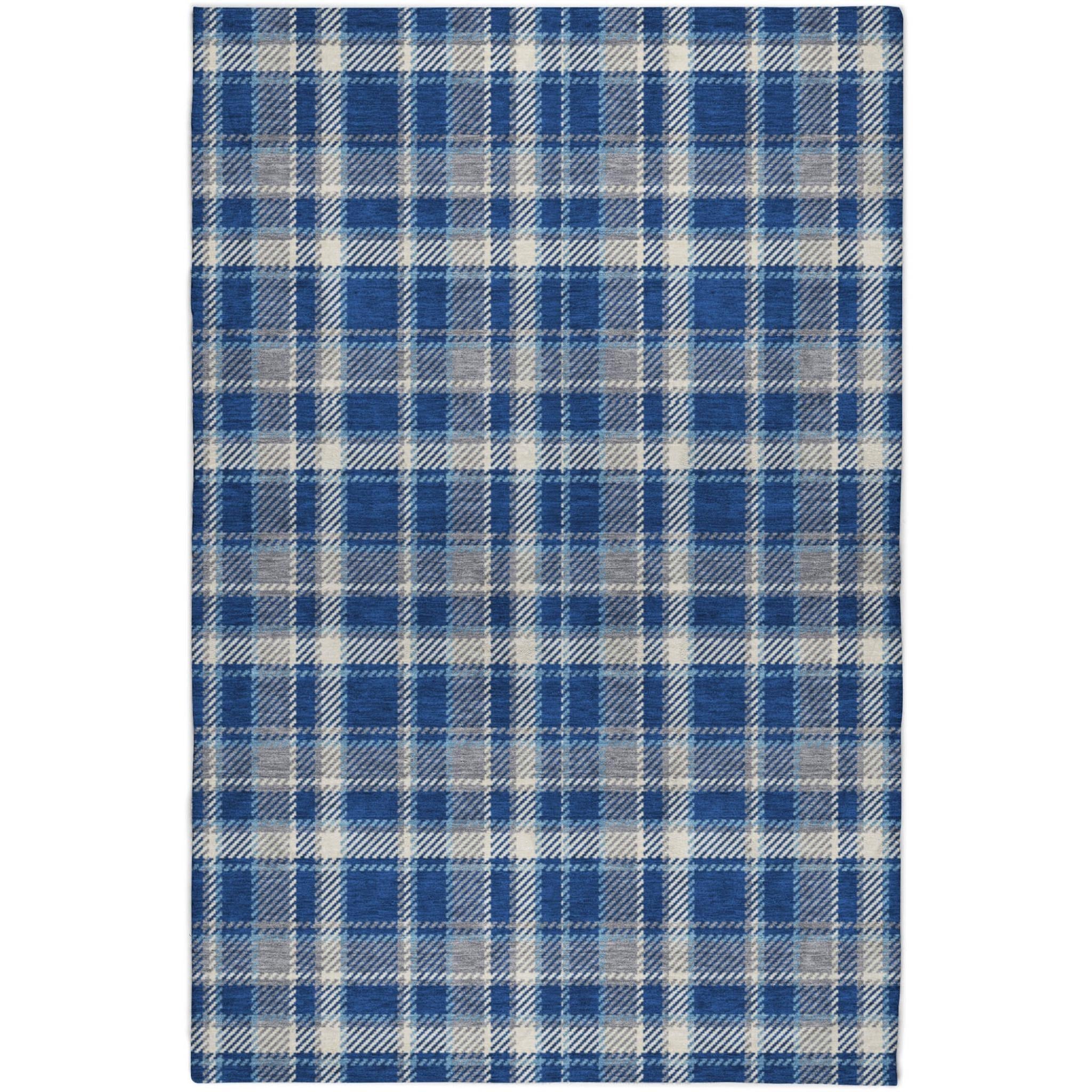5' X 8' Navy Blue And Denim Blue Plaid Shag Washable Area Rug With UV Protection - Home & Garden