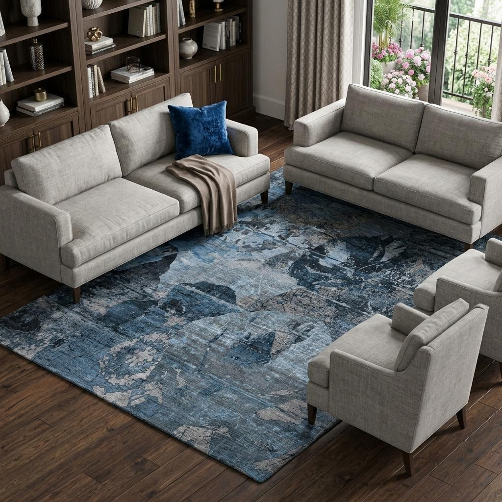 10' X 14' Denim Blue And Navy Blue Abstract Shag Washable Area Rug With UV Protection - Home & Garden