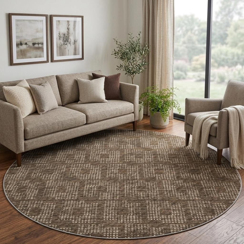 8' Brown And Beige Geometric Shag Washable Round Rug With UV Protection - Home & Garden