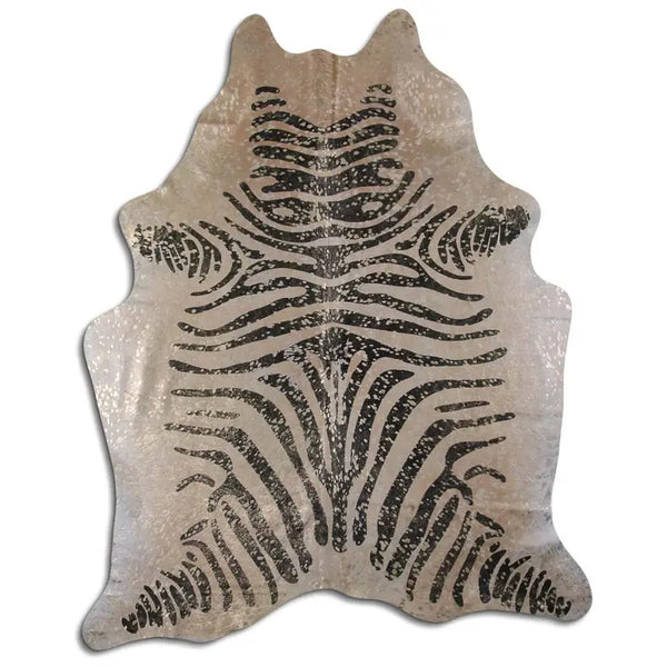 ACID WASHED HAIR ON COWHIDE BLACK ZEBRA WITH GOLD METALLIC MODA-DBK