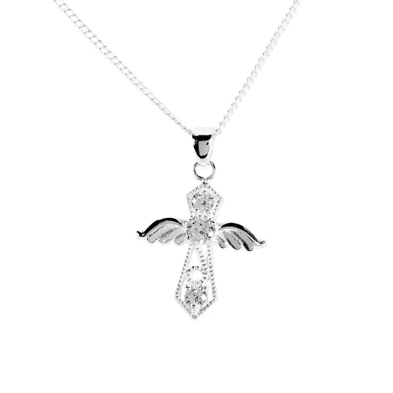 ANGEL CROSS CZ STONES SILVER PLATE 18"CH Dicksons Inc