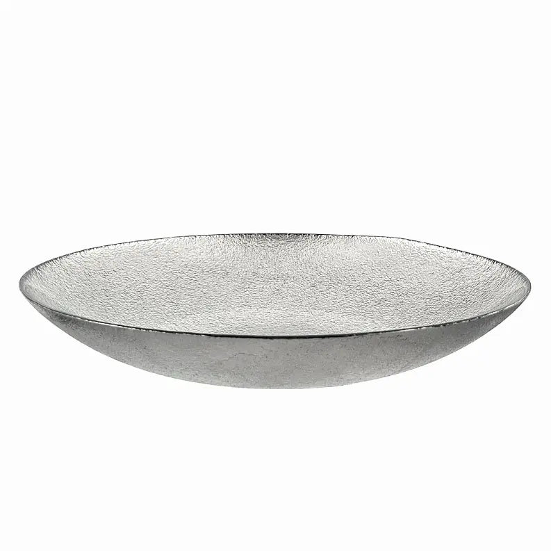 Silver decorative bowl, modern design, textured finish, ideal for home decor and centerpieces.