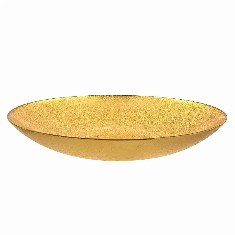 Gold decorative bowl, hand-finished metallic texture, elegant serving dish perfect for home decor or special occasions.