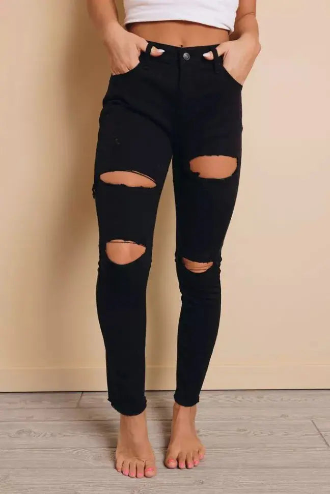 Abbey High Waisted Distressed Jeans Stay Warm in Style