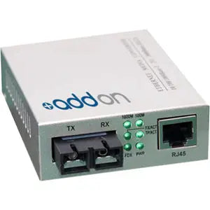 Fiber optic Ethernet media converter, silver metal casing, compact design, supports 1000M and 100M speeds.