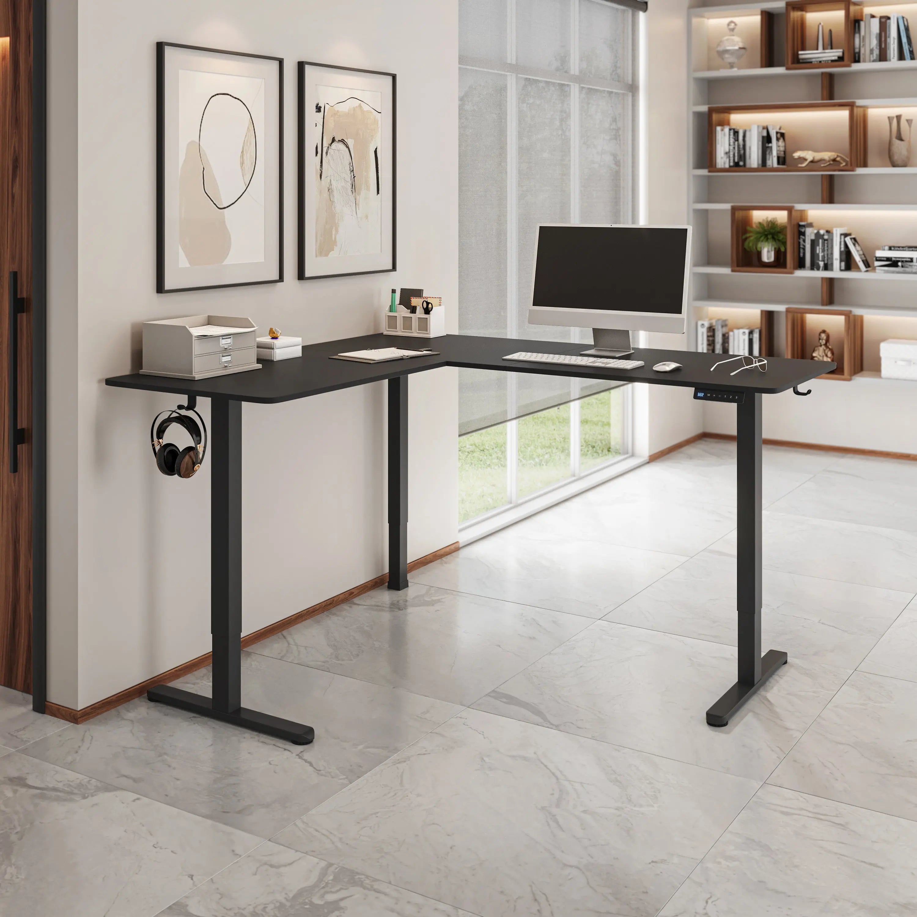Adjustable Black Wood and Stainless Steel L Shape Standing Desk Homeroots Office