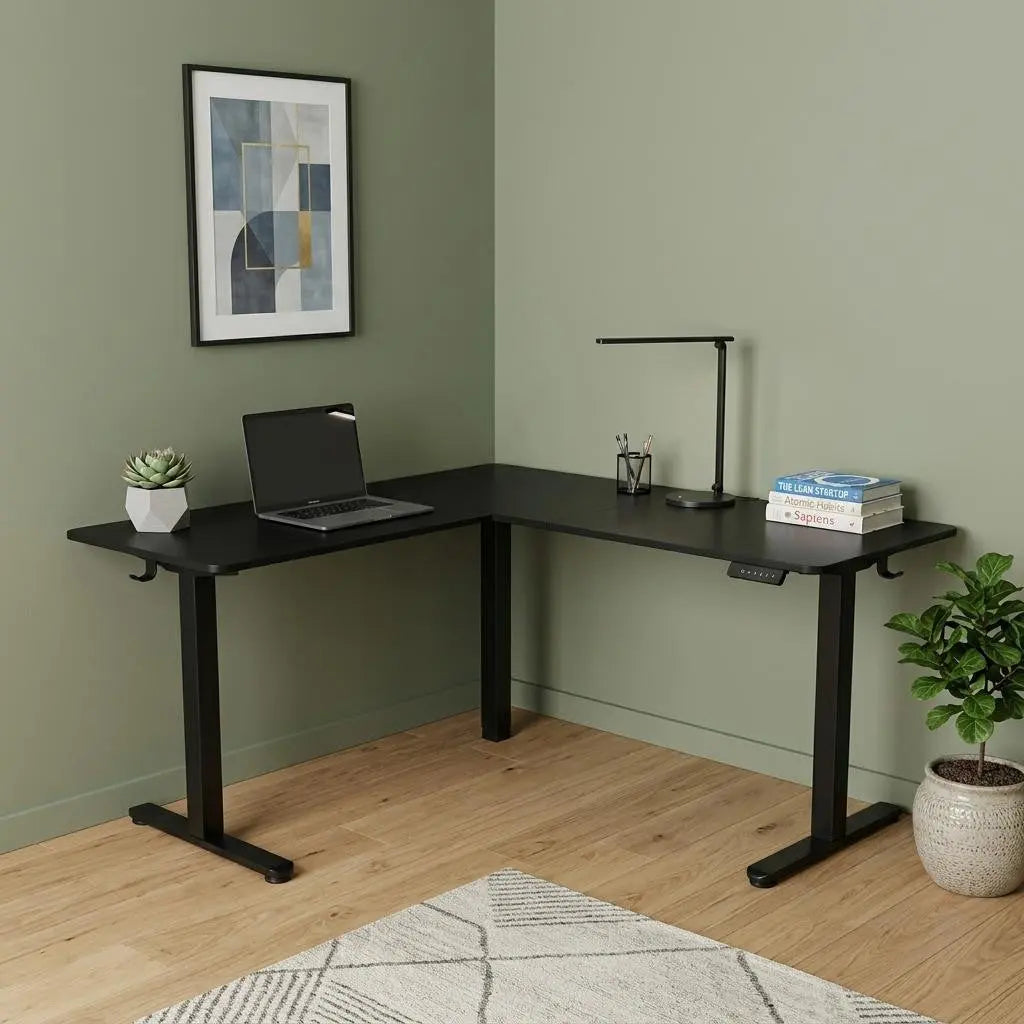 Adjustable Black Wood and Stainless Steel L Shape Standing Desk Homeroots Office