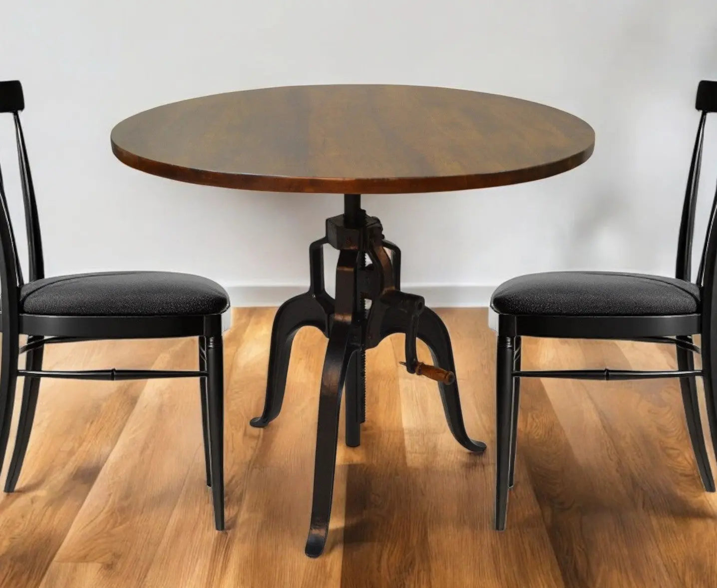 Adjustable Height Brown And Black Solid Wood And Iron Pedestal Base Round Top Dining Table Homeroots Kitchen & Dining