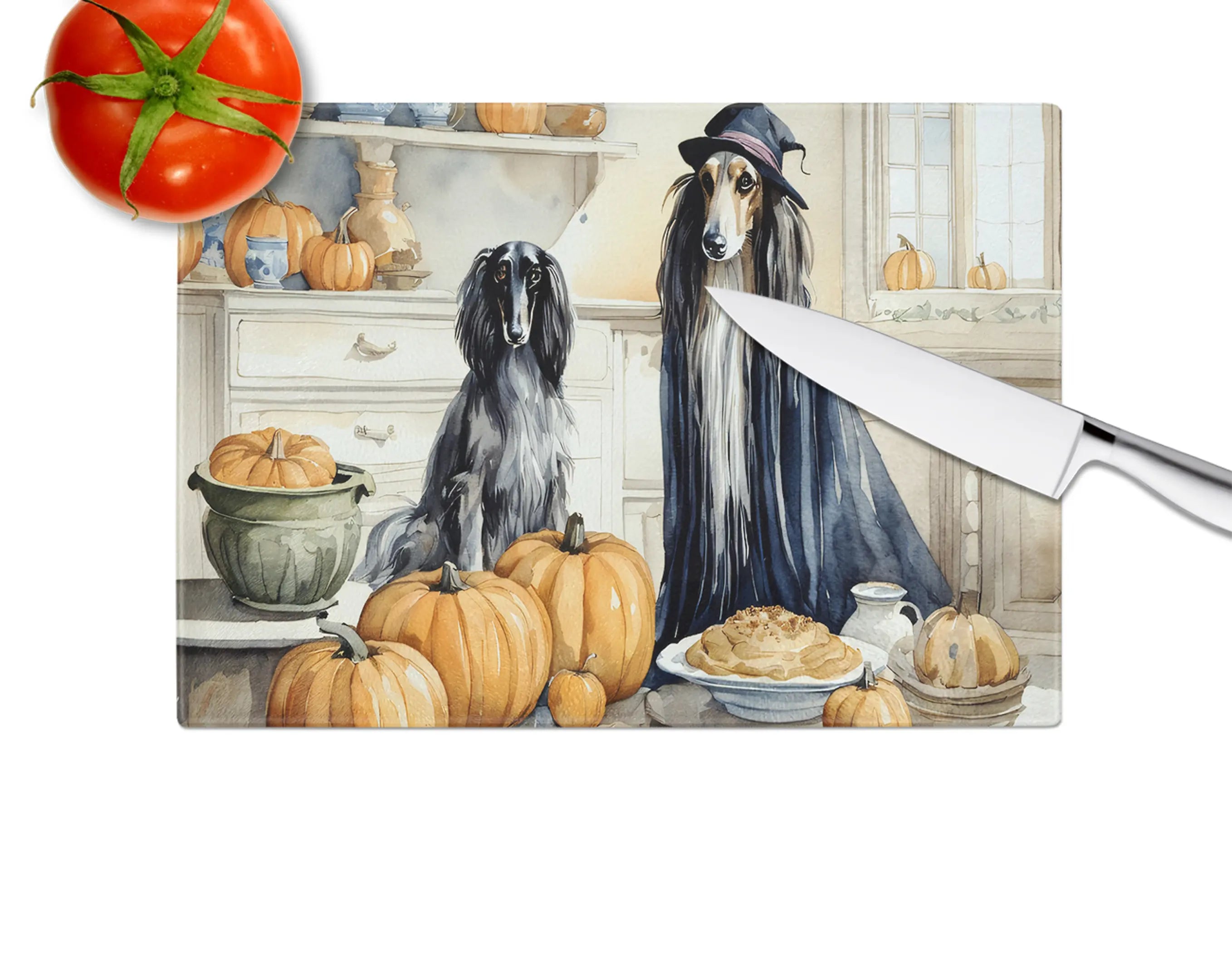 Afghan Hound Fall Kitchen Pumpkins Glass Cutting Board Caroline's Treasures