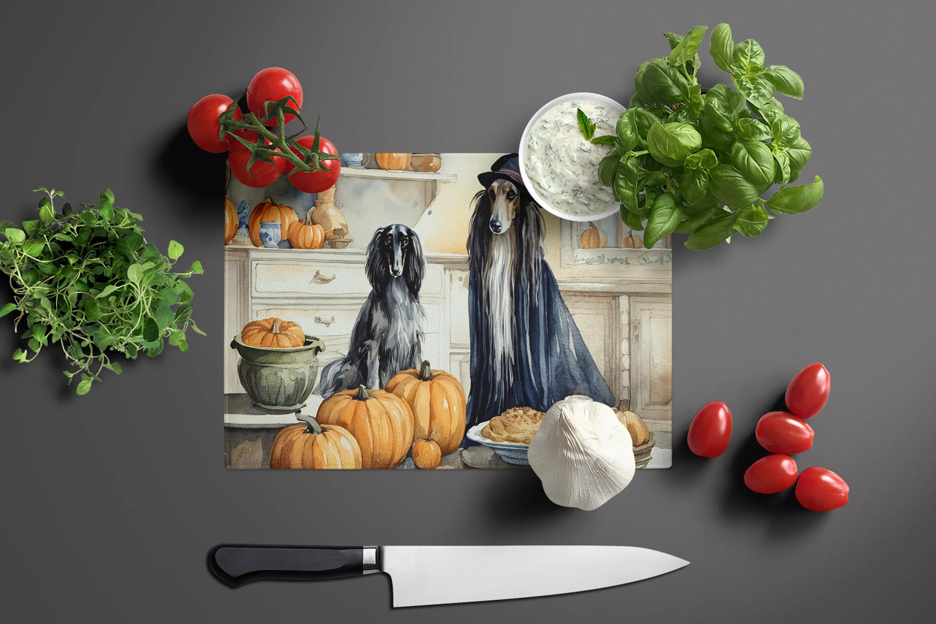 Afghan Hound Fall Kitchen Pumpkins Glass Cutting Board Caroline's Treasures
