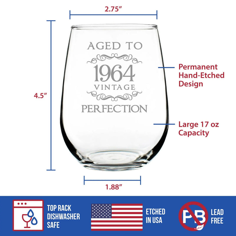 Aged to Perfection 64 Stemless Wine Glass 60th Birthday Gift Bevvee