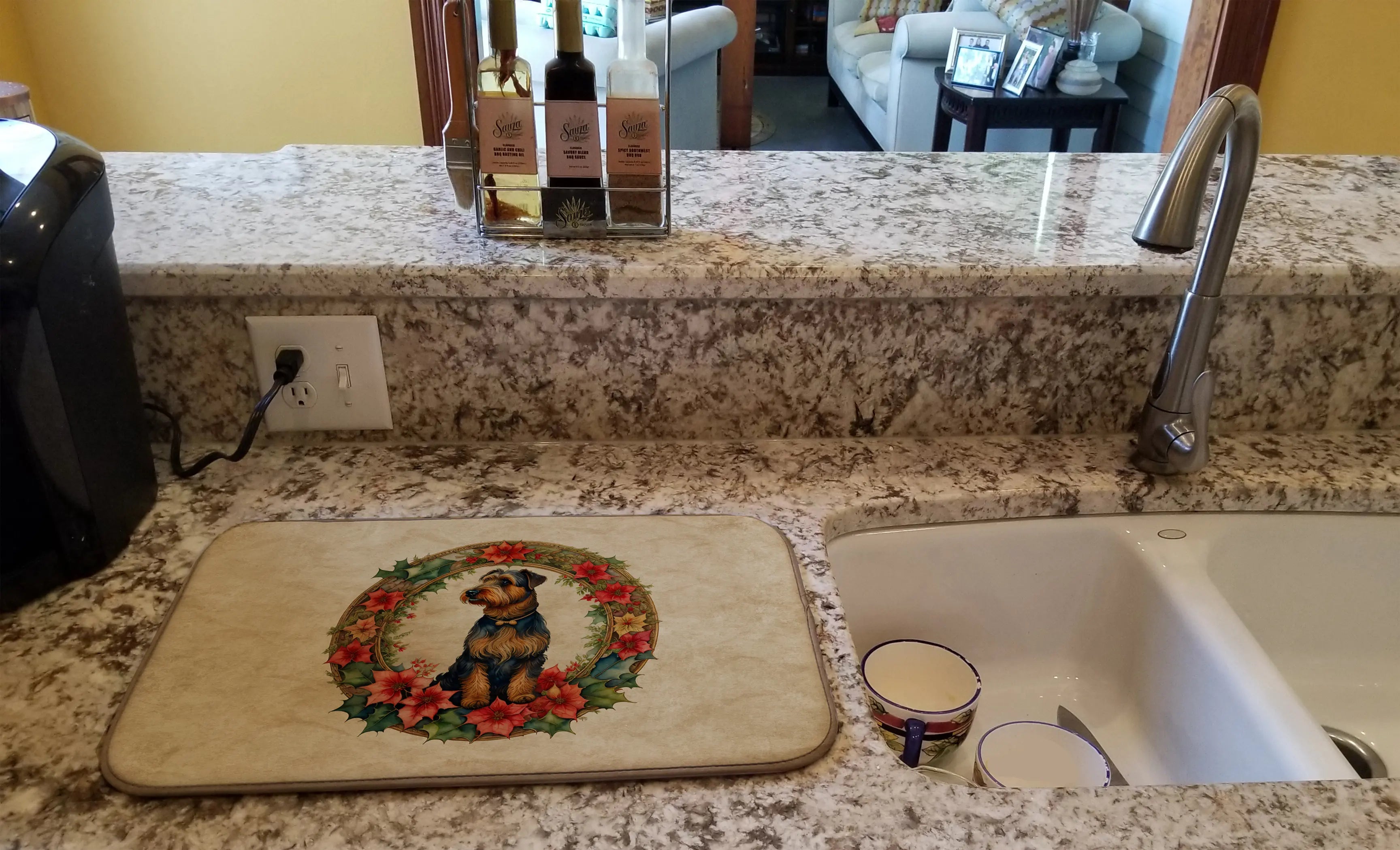 Airedale Terrier Christmas Flowers Dish Drying Mat Caroline's Treasures