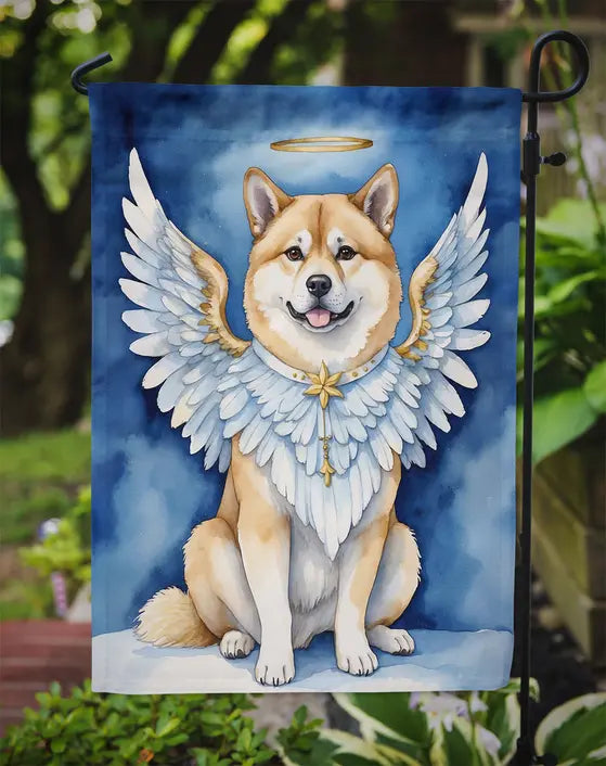 Angel dog garden flag featuring a Shiba Inu with white wings and a halo, set against a blue background.