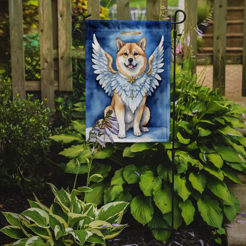 Shiba Inu angel garden flag, blue background, vibrant colors, soft material, perfect for outdoor decor.