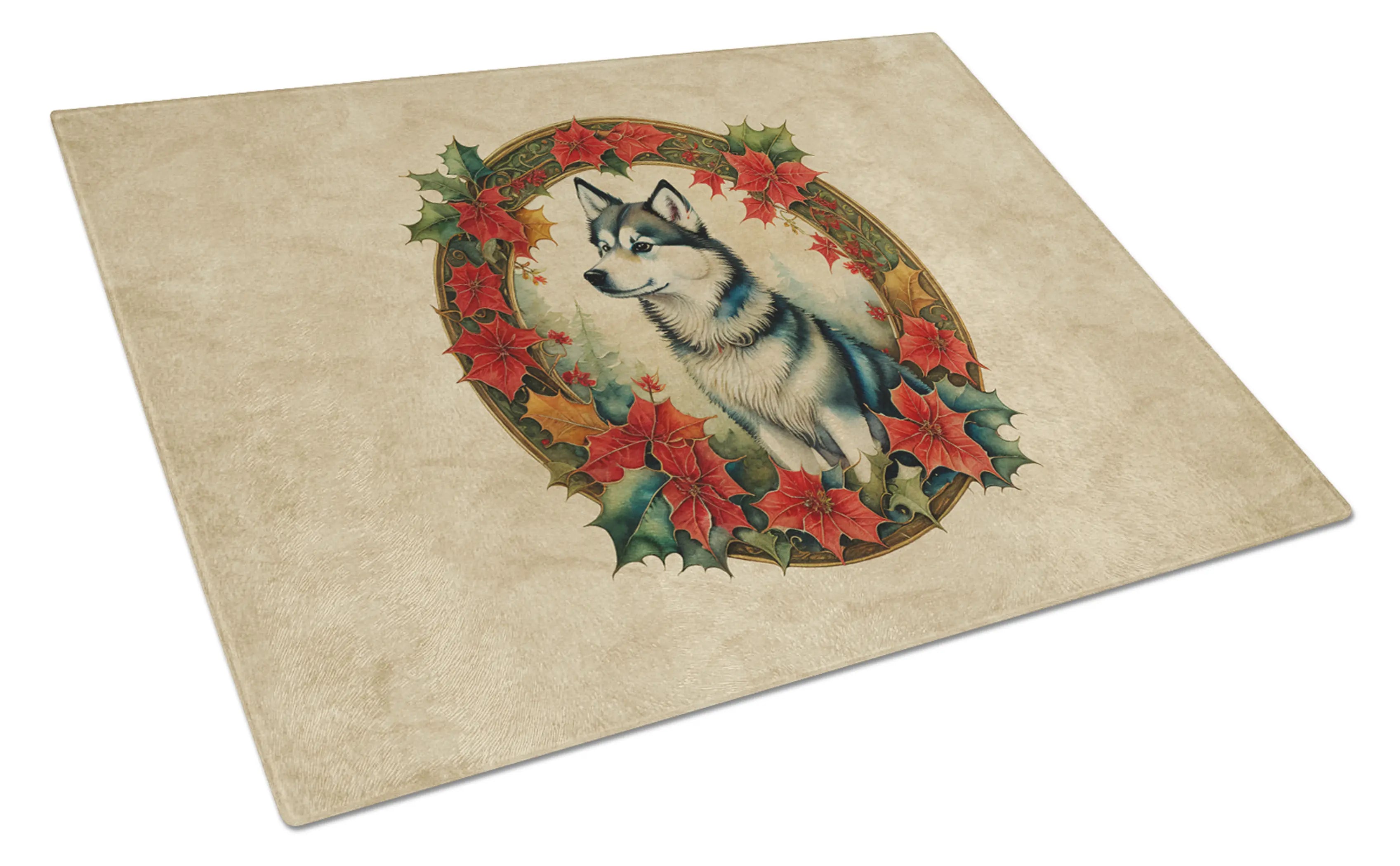 Alaskan Klee Kai Christmas Flowers Glass Cutting Board Caroline's Treasures
