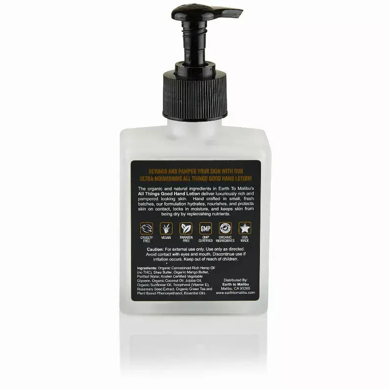 Clear pump bottle of moisturizing lotion with organic ingredients, featuring a matte white design and black label.