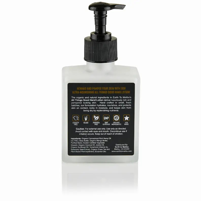 Clear pump bottle with black lid, containing nourishing skincare lotion, featuring natural ingredients and eco-friendly certifications.