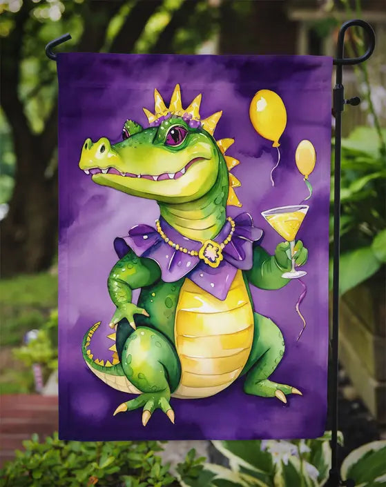 Colorful dragon garden flag with purple background, featuring a green dragon in a festive outfit holding a cocktail.