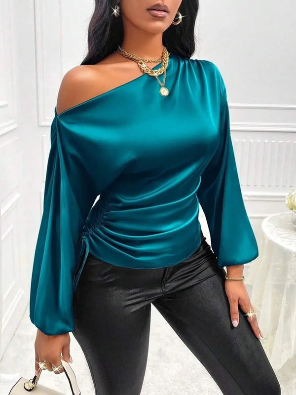 Amazon Cross-Border European and American New Women's Satin Shirt Spring and Summer Asymmetrical Long-Sleeved Slope Collar Shirt Top GreatEagleInc