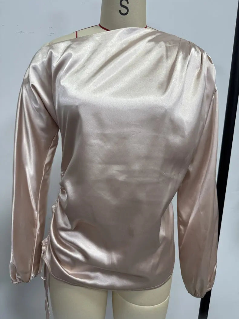 Amazon Cross-Border European and American New Women's Satin Shirt Spring and Summer Asymmetrical Long-Sleeved Slope Collar Shirt Top GreatEagleInc