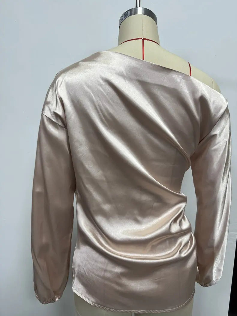 Amazon Cross-Border European and American New Women's Satin Shirt Spring and Summer Asymmetrical Long-Sleeved Slope Collar Shirt Top GreatEagleInc