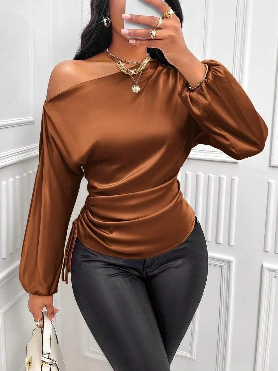 Amazon Cross-Border European and American New Women's Satin Shirt Spring and Summer Asymmetrical Long-Sleeved Slope Collar Shirt Top GreatEagleInc