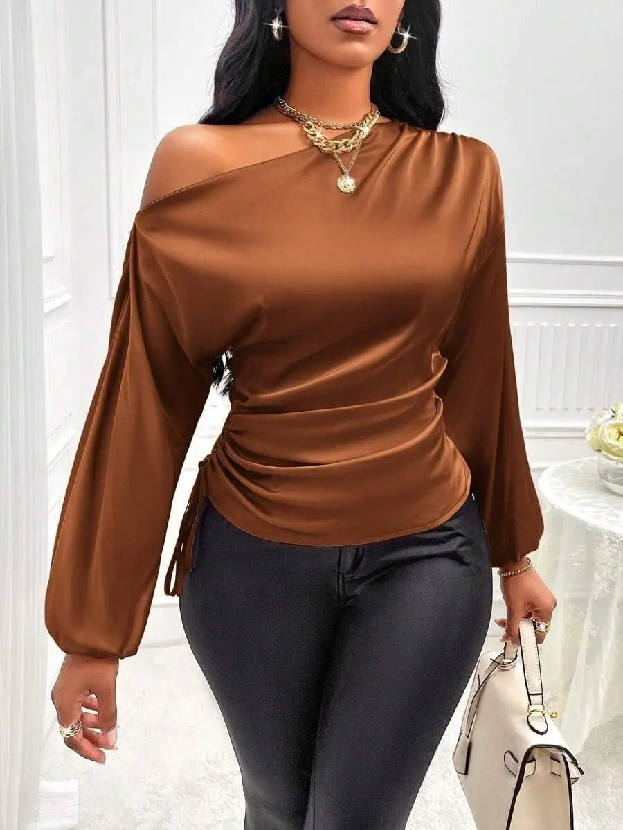 Amazon Cross-Border European and American New Women's Satin Shirt Spring and Summer Asymmetrical Long-Sleeved Slope Collar Shirt Top GreatEagleInc