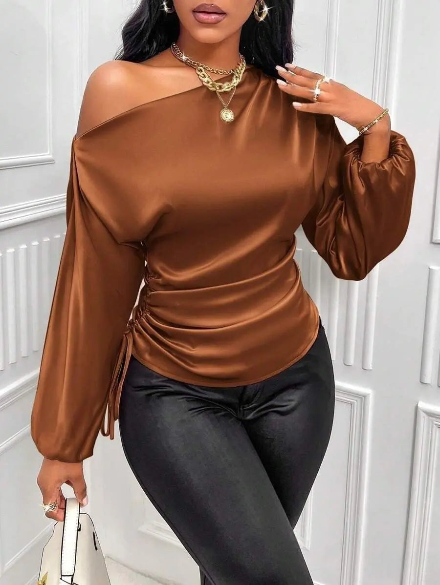 Amazon Cross-Border European and American New Women's Satin Shirt Spring and Summer Asymmetrical Long-Sleeved Slope Collar Shirt Top GreatEagleInc