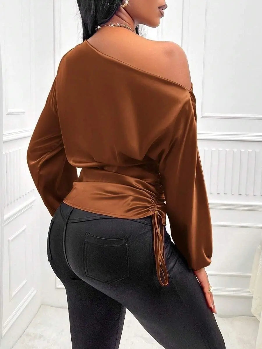 Amazon Cross-Border European and American New Women's Satin Shirt Spring and Summer Asymmetrical Long-Sleeved Slope Collar Shirt Top GreatEagleInc