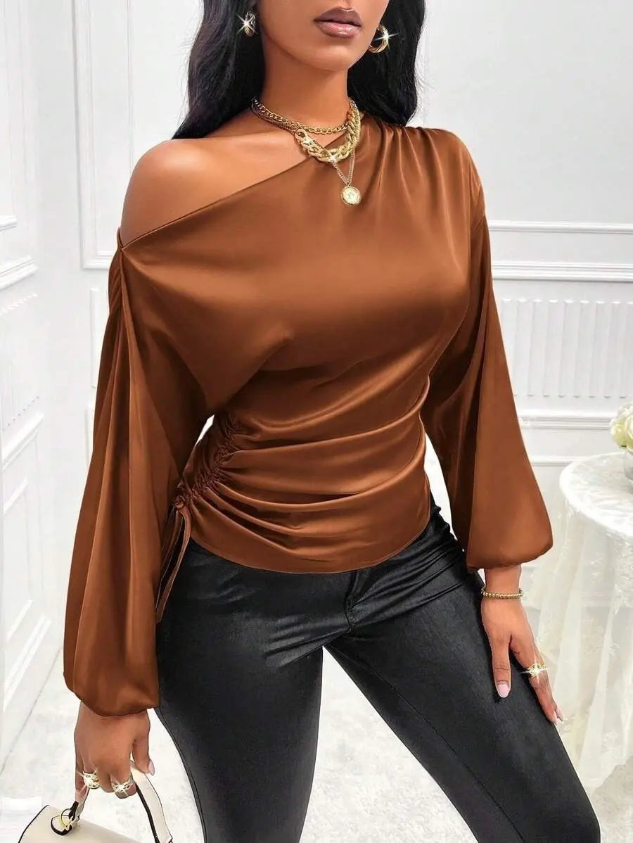 Amazon Cross-Border European and American New Women's Satin Shirt Spring and Summer Asymmetrical Long-Sleeved Slope Collar Shirt Top GreatEagleInc