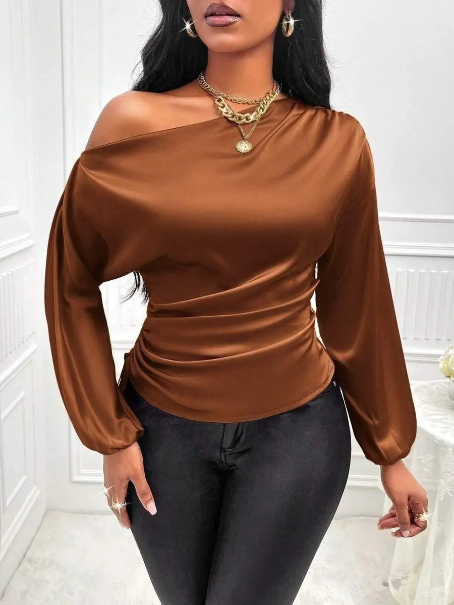 Amazon Cross-Border European and American New Women's Satin Shirt Spring and Summer Asymmetrical Long-Sleeved Slope Collar Shirt Top GreatEagleInc