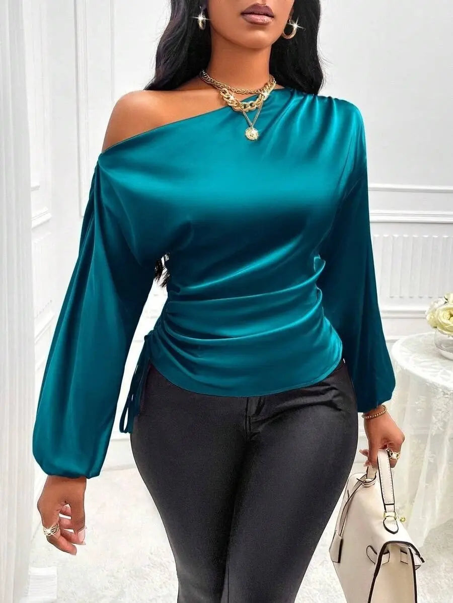 Amazon Cross-Border European and American New Women's Satin Shirt Spring and Summer Asymmetrical Long-Sleeved Slope Collar Shirt Top GreatEagleInc