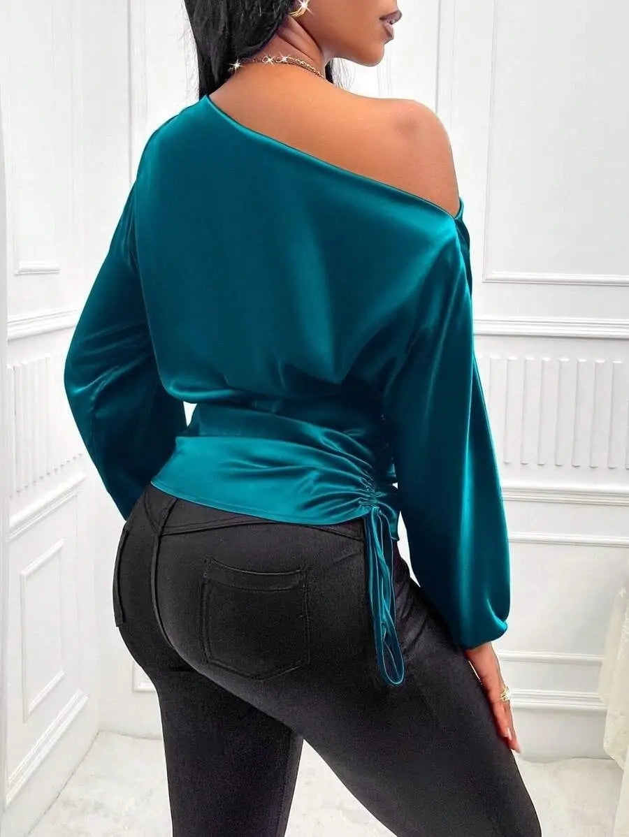 Amazon Cross-Border European and American New Women's Satin Shirt Spring and Summer Asymmetrical Long-Sleeved Slope Collar Shirt Top GreatEagleInc
