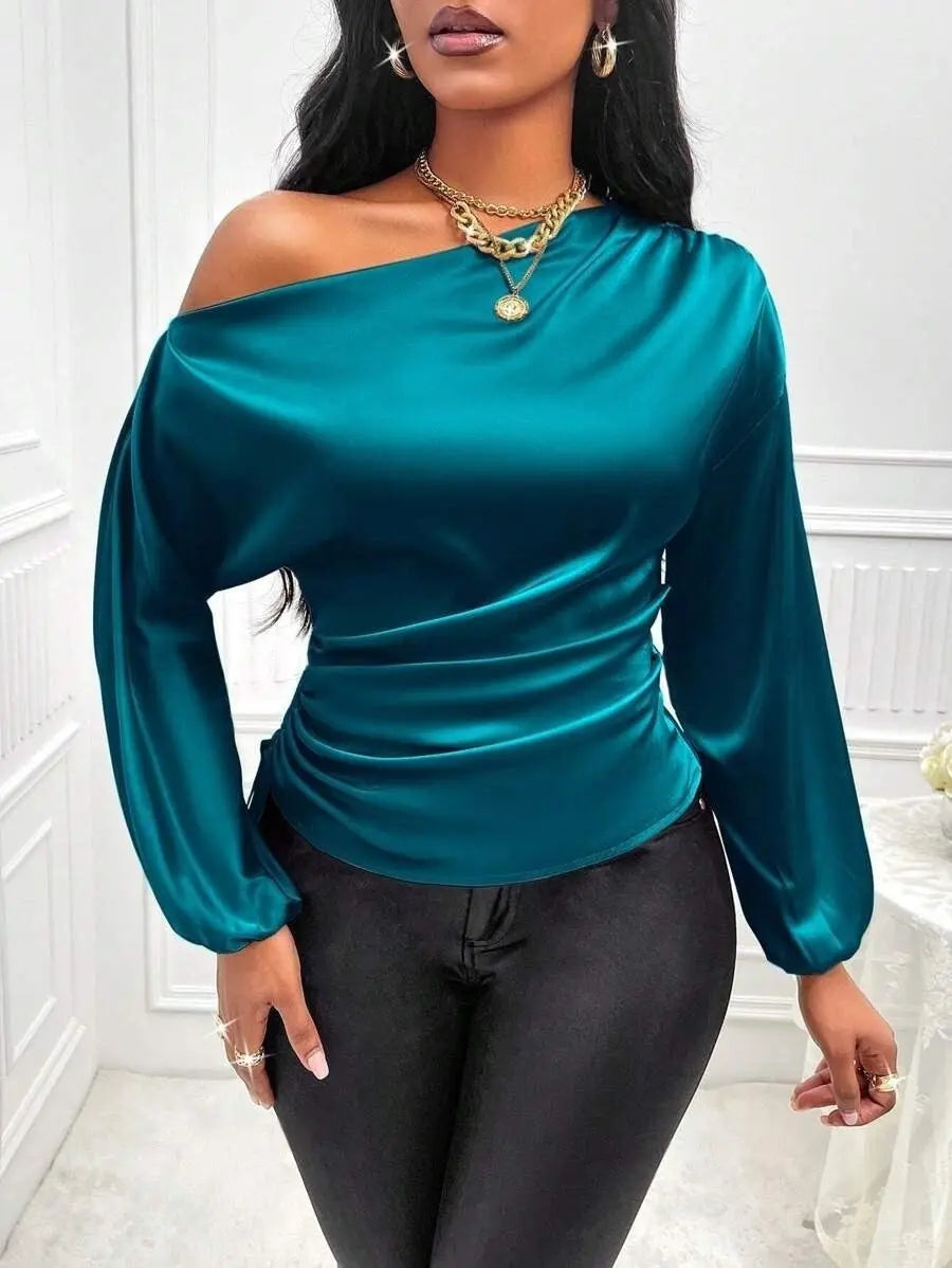 Amazon Cross-Border European and American New Women's Satin Shirt Spring and Summer Asymmetrical Long-Sleeved Slope Collar Shirt Top GreatEagleInc