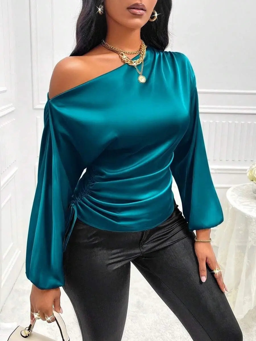 Amazon Cross-Border European and American New Women's Satin Shirt Spring and Summer Asymmetrical Long-Sleeved Slope Collar Shirt Top GreatEagleInc