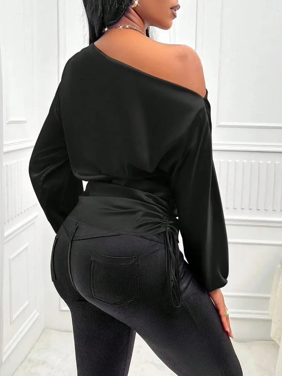 Amazon Cross-Border European and American New Women's Satin Shirt Spring and Summer Asymmetrical Long-Sleeved Slope Collar Shirt Top GreatEagleInc