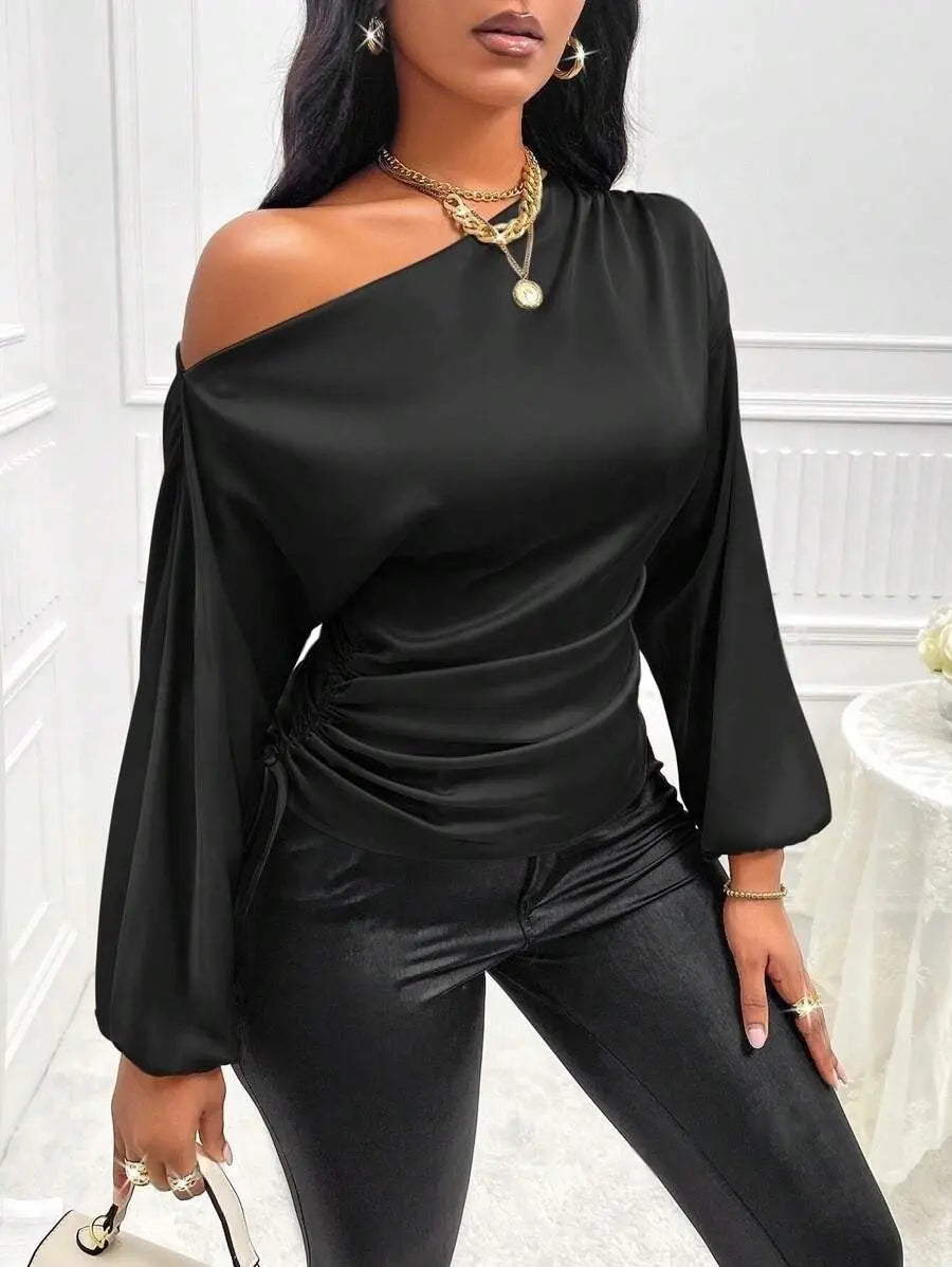 Amazon Cross-Border European and American New Women's Satin Shirt Spring and Summer Asymmetrical Long-Sleeved Slope Collar Shirt Top GreatEagleInc