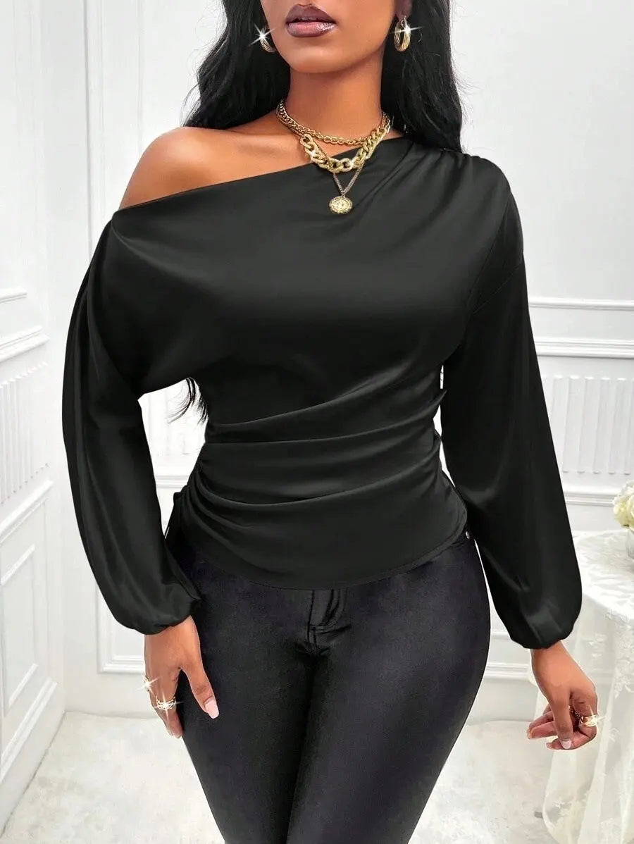 Amazon Cross-Border European and American New Women's Satin Shirt Spring and Summer Asymmetrical Long-Sleeved Slope Collar Shirt Top GreatEagleInc