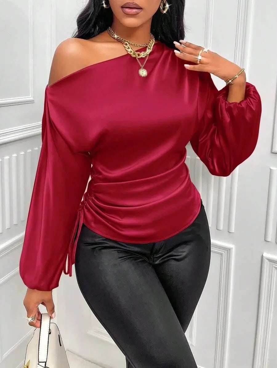 Amazon Cross-Border European and American New Women's Satin Shirt Spring and Summer Asymmetrical Long-Sleeved Slope Collar Shirt Top GreatEagleInc